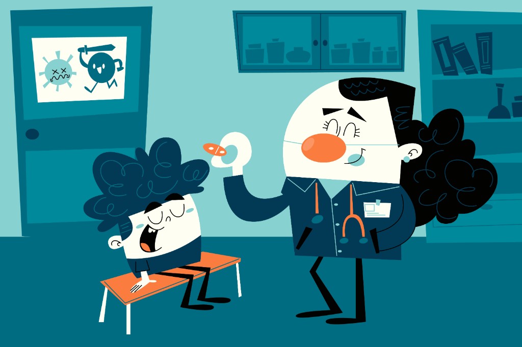Illustration: clinician supporting a child with care in a clinic